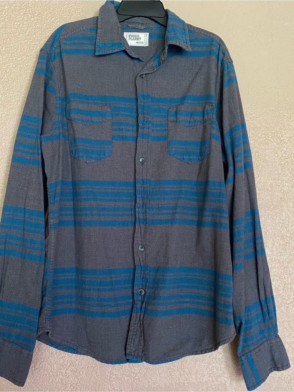 Free Planet Men's Gray and Teal Striped Button-Down Shirt